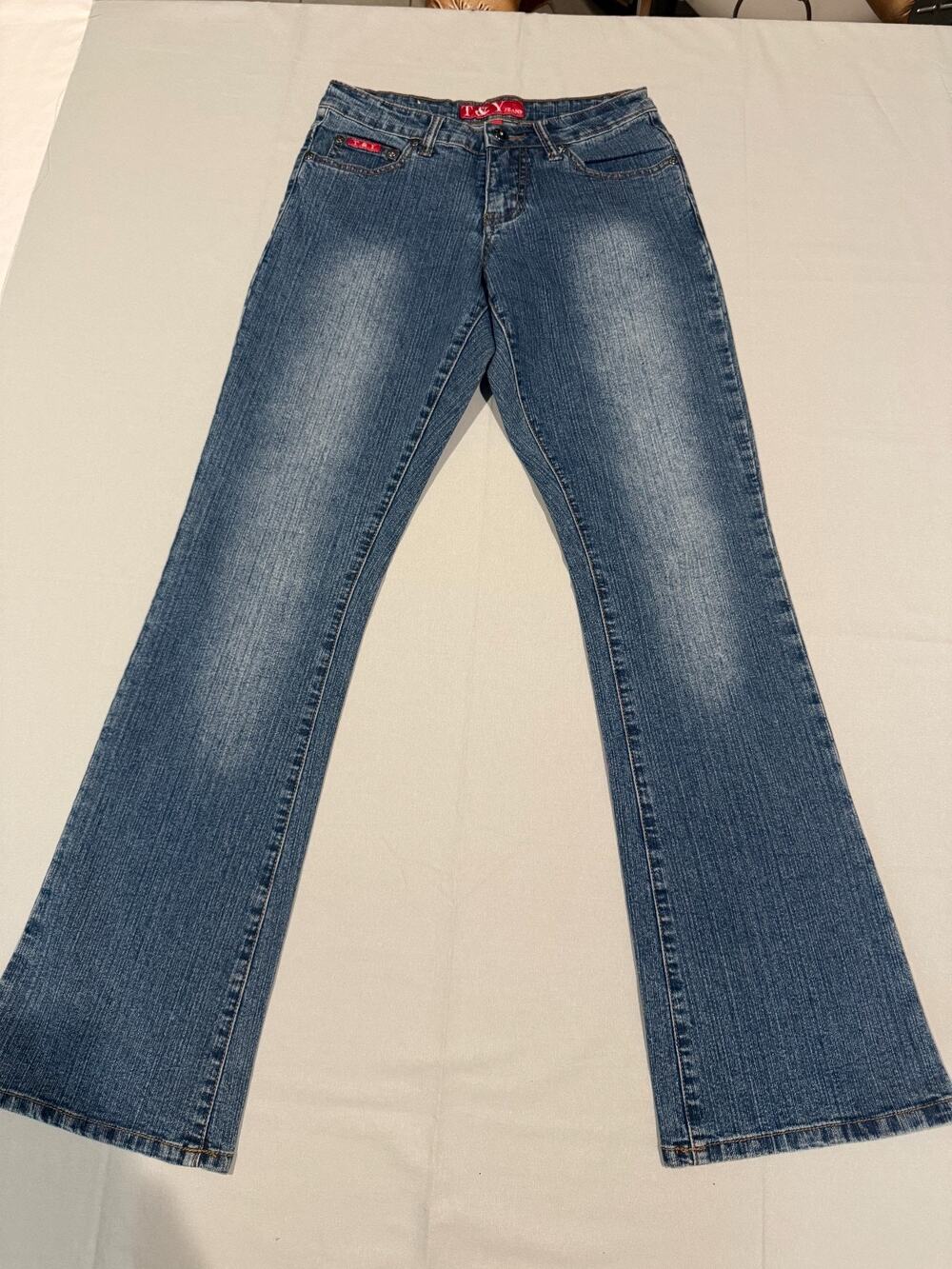 T&Y Jeans Womens 3/4 Blue Bootcut Flare Jeans Embroidered Floral Y2K Denim